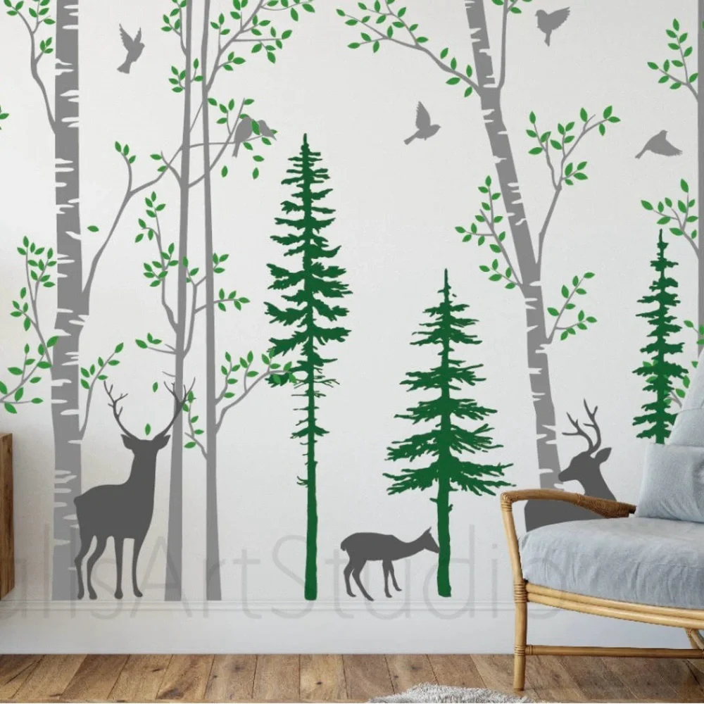 Nature-Inspired Wall Decal with Green and Gray Trees